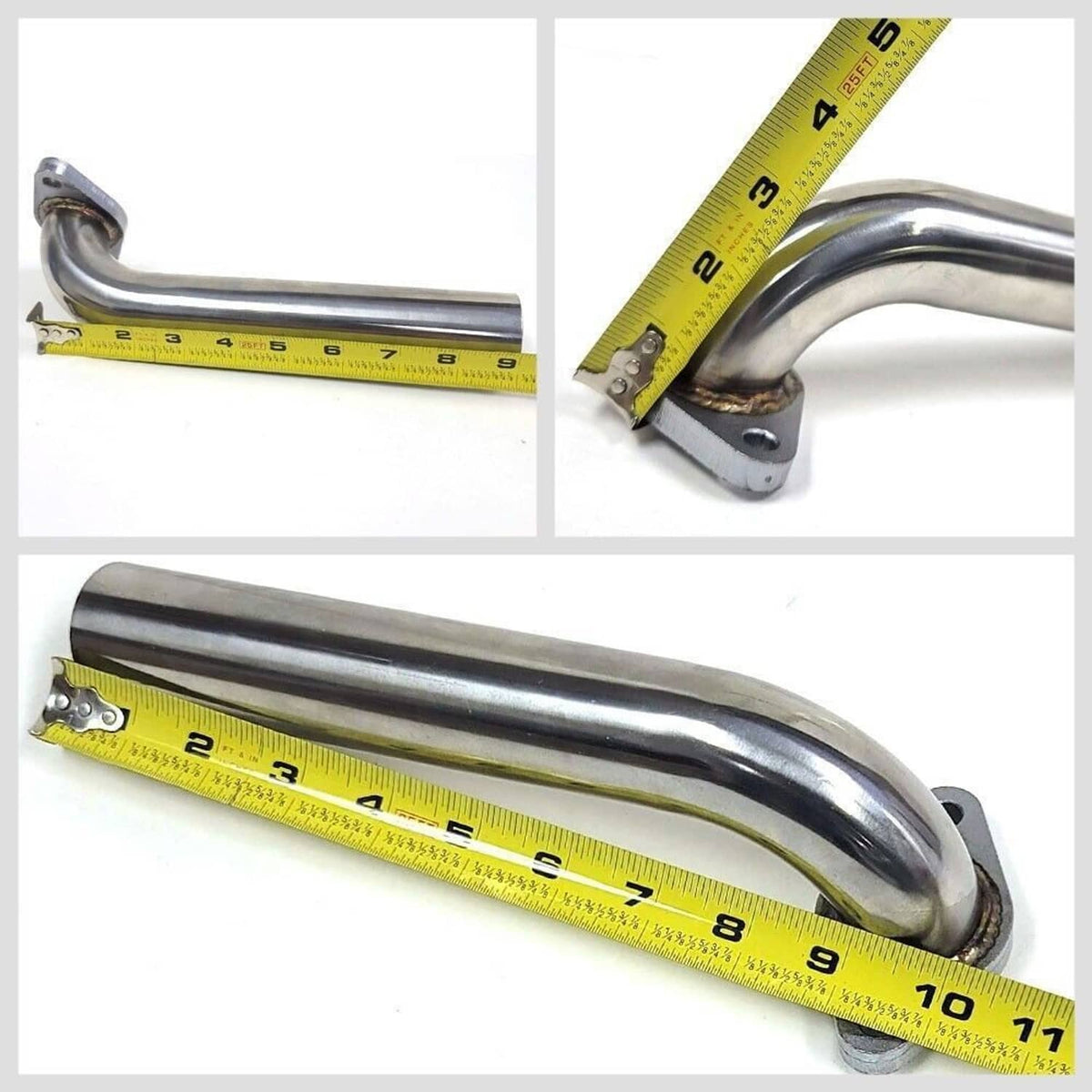 Stainless-steel dump tube with flange measured using a yellow tape ruler