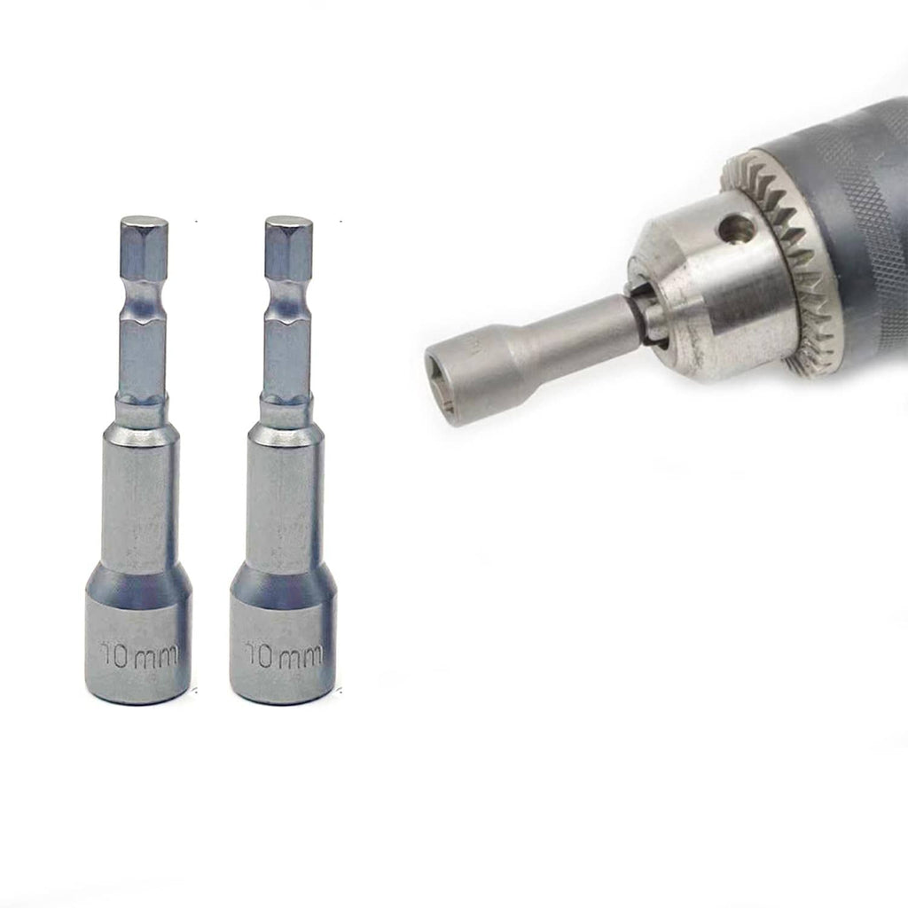 2pc 10mm nut driver bits with impact-ready hex shanks, silver metal