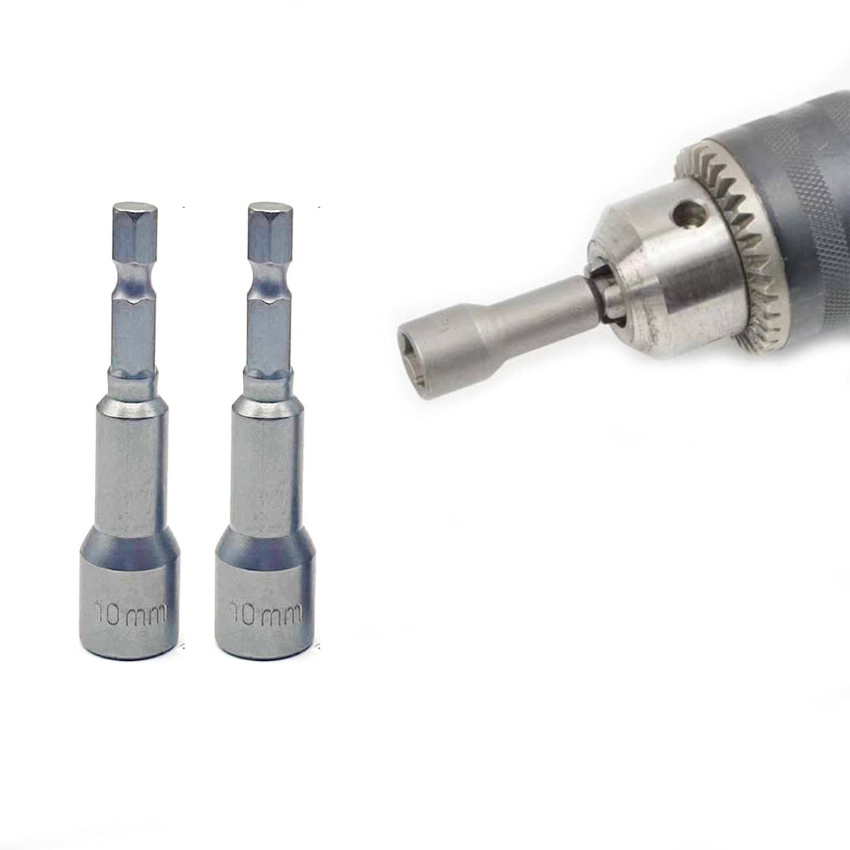 2pc 10mm nut driver bits with impact-ready hex shanks, silver metal
