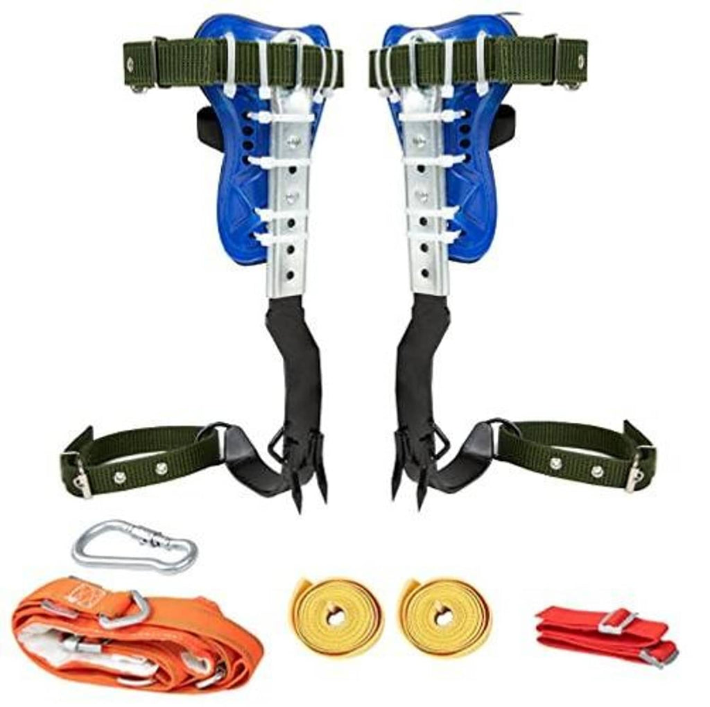 Tree climbing spikes harness belt set, blue pads with black straps and green adjustable belt