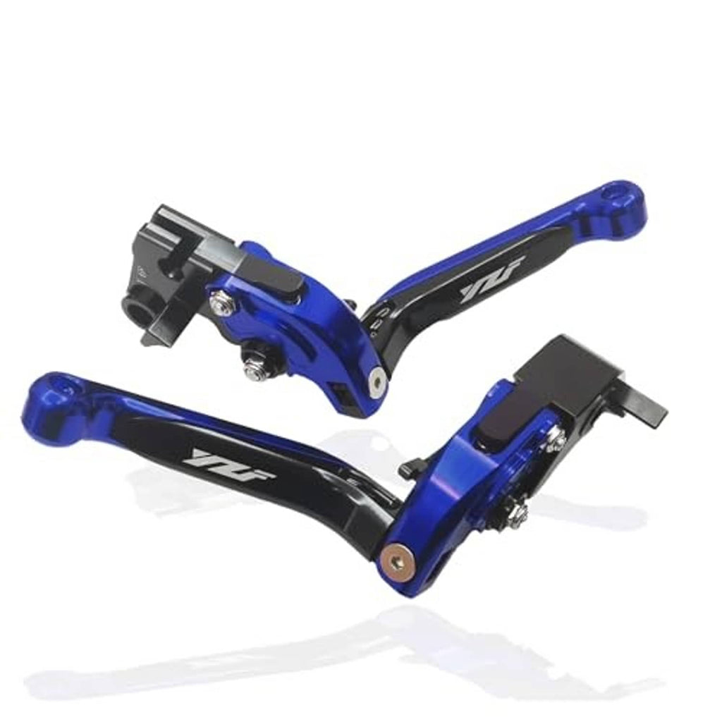 Blue and black CNC motorcycle brake and clutch levers, angled close-up of mounts