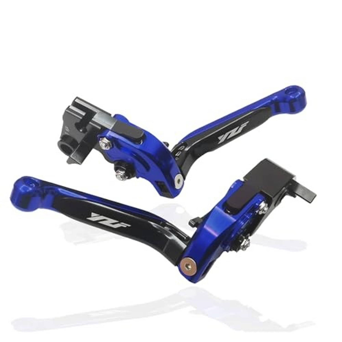 Blue and black CNC motorcycle brake and clutch levers, angled close-up of mounts