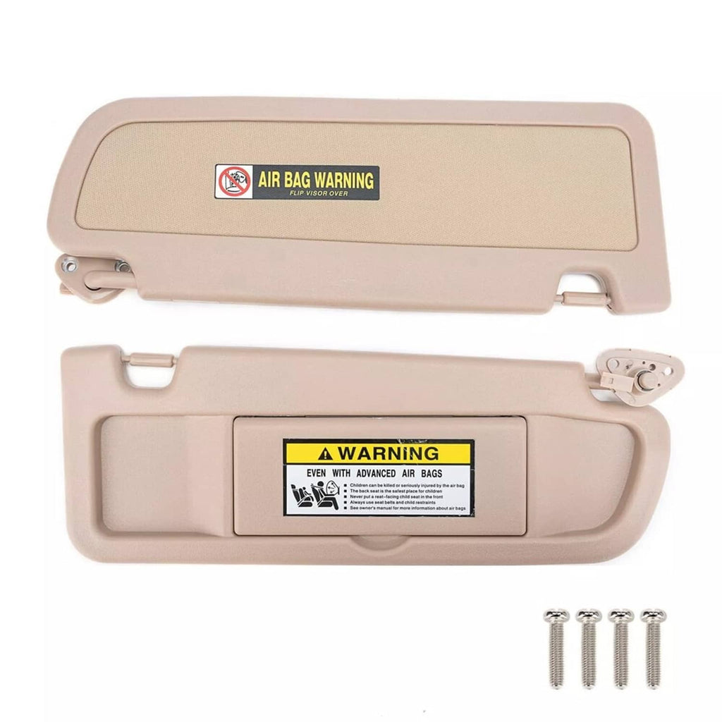 Beige sun visor kit with warning labels, includes mounting screws