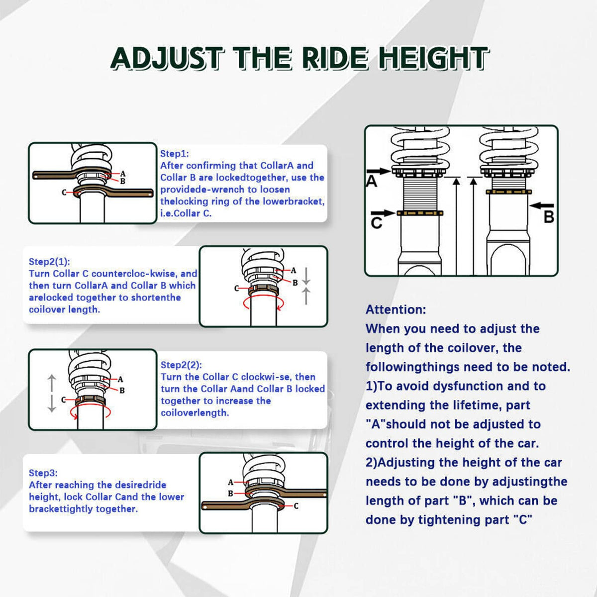 Coilover height adjustment instruction diagram with labeled steps and spring collar details