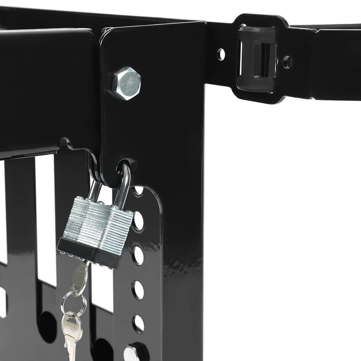 Black rack panel with built-in padlock and keyring for securing items
