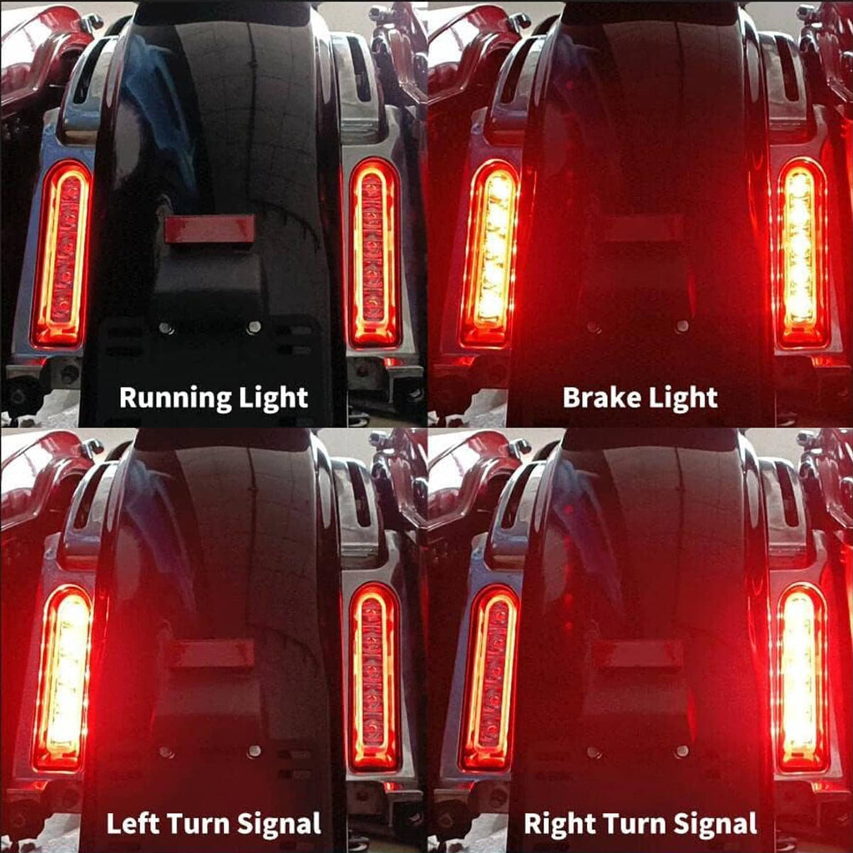 Saddlebag LED filler lights showing running, brake, and turn signal light modes