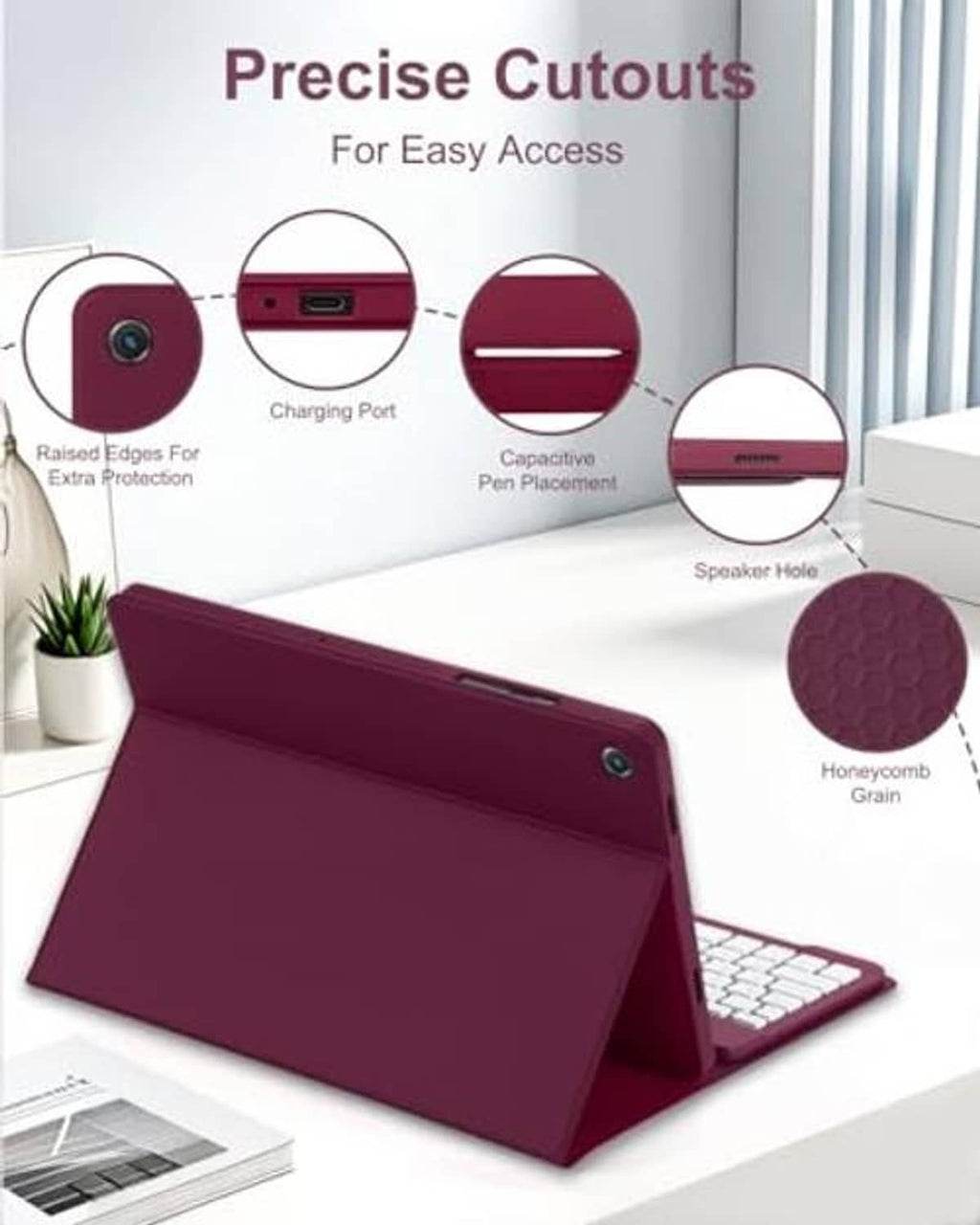 Wine red tablet case with precise cutouts and honeycomb textured exterior