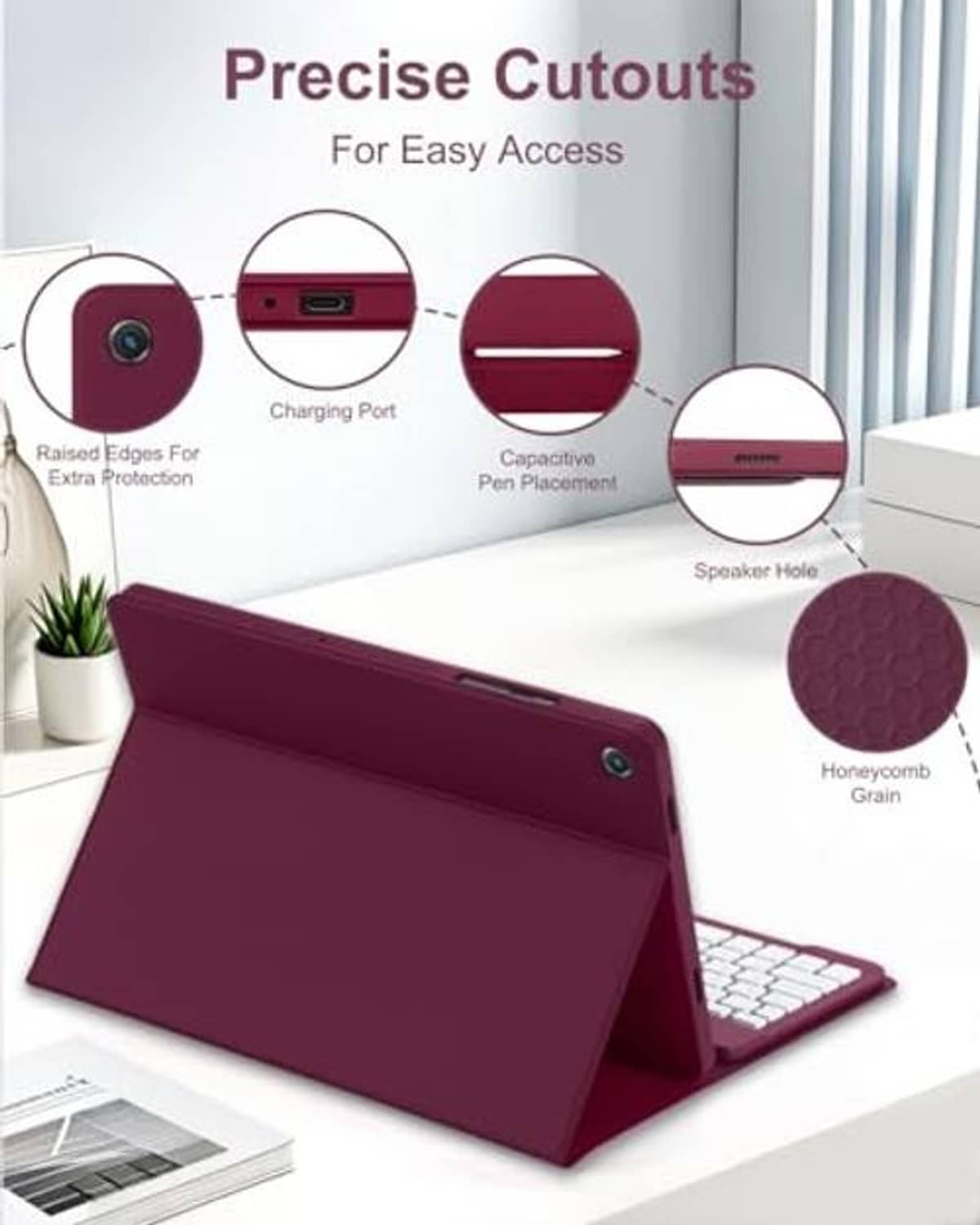 Wine red tablet case with precise cutouts and honeycomb textured exterior