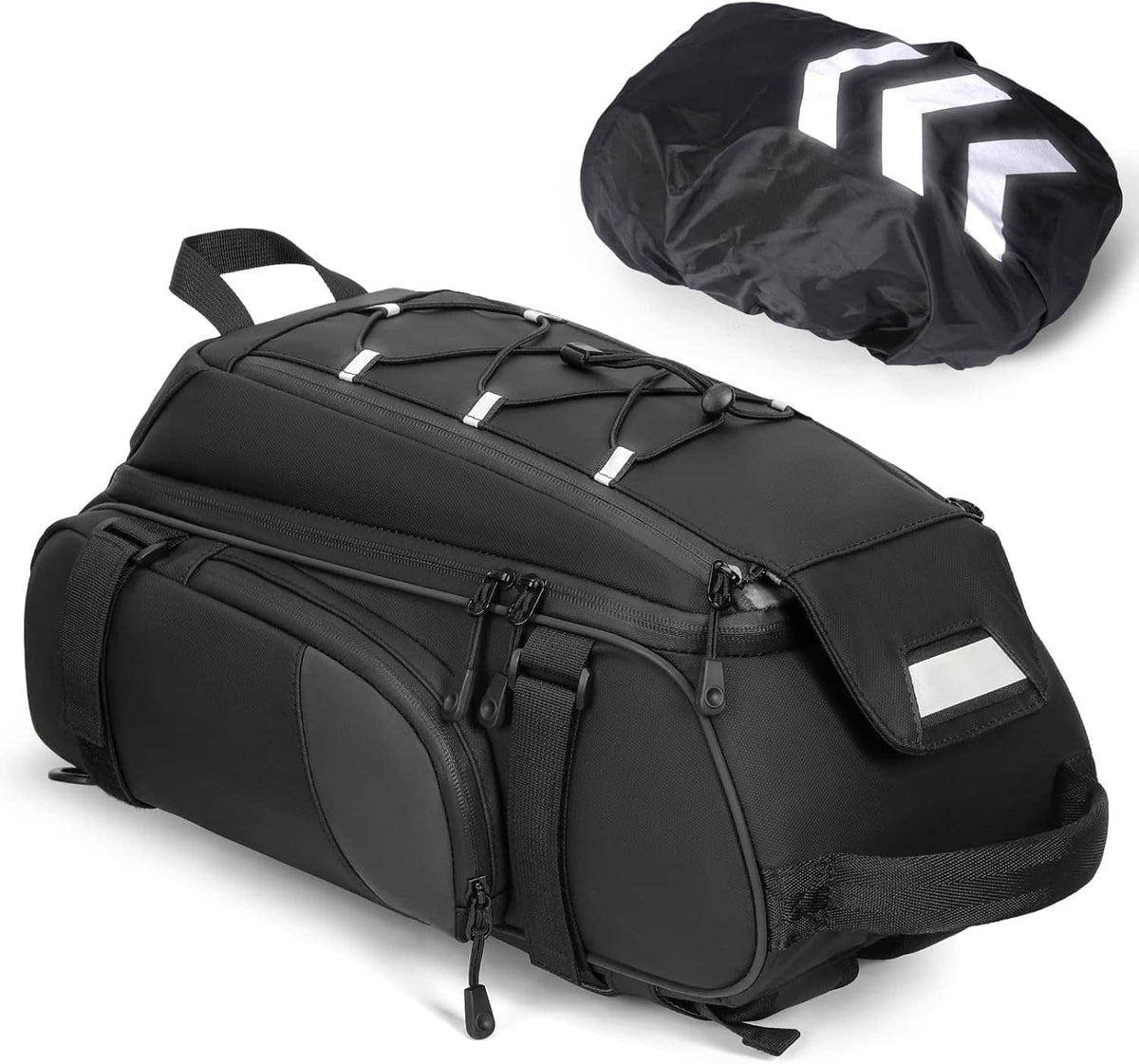 Black waterproof bicycle rear rack trunk bag with front pocket, buckles, and rain cover pouch