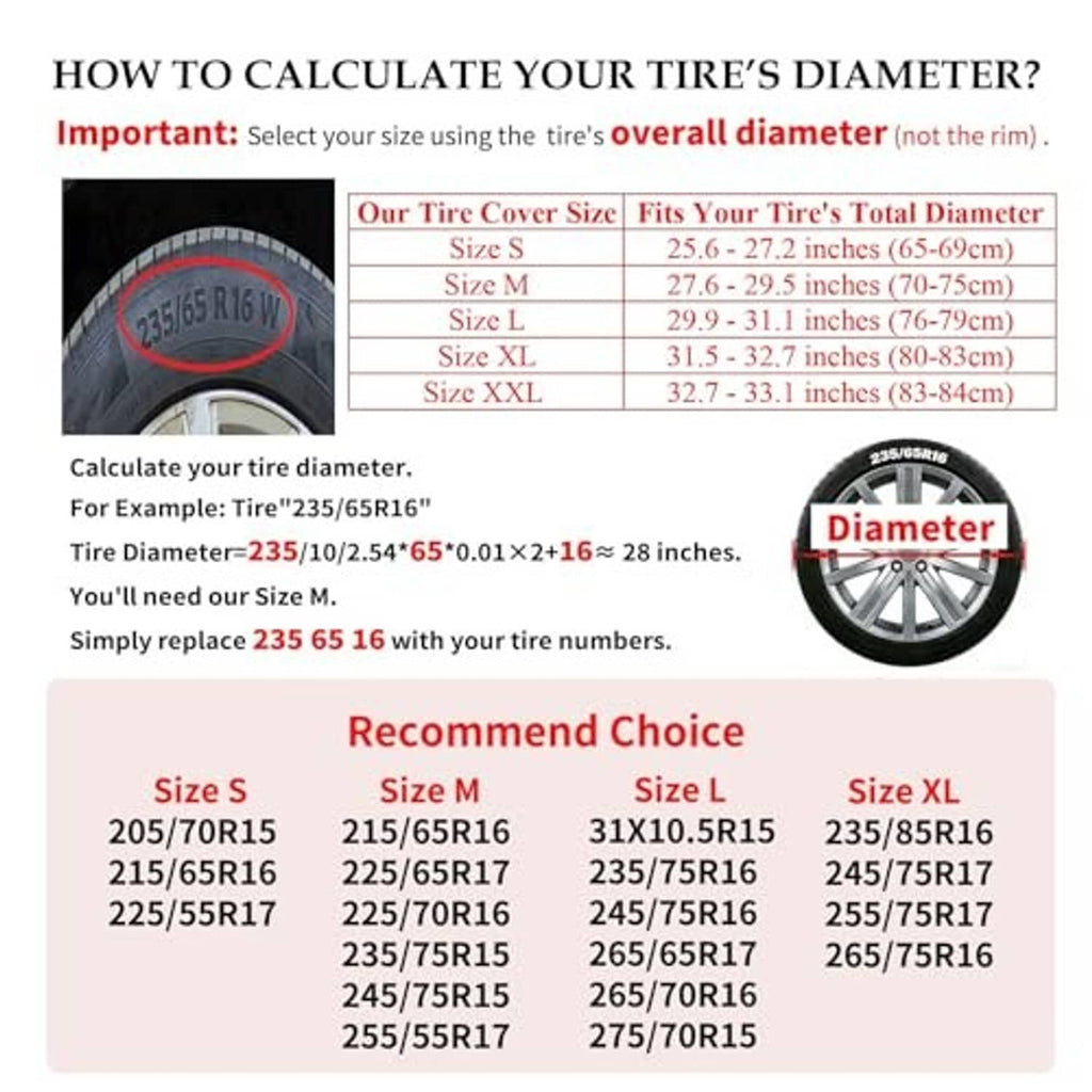Spare tire cover size chart graphic for selecting tire cover diameter by size.
