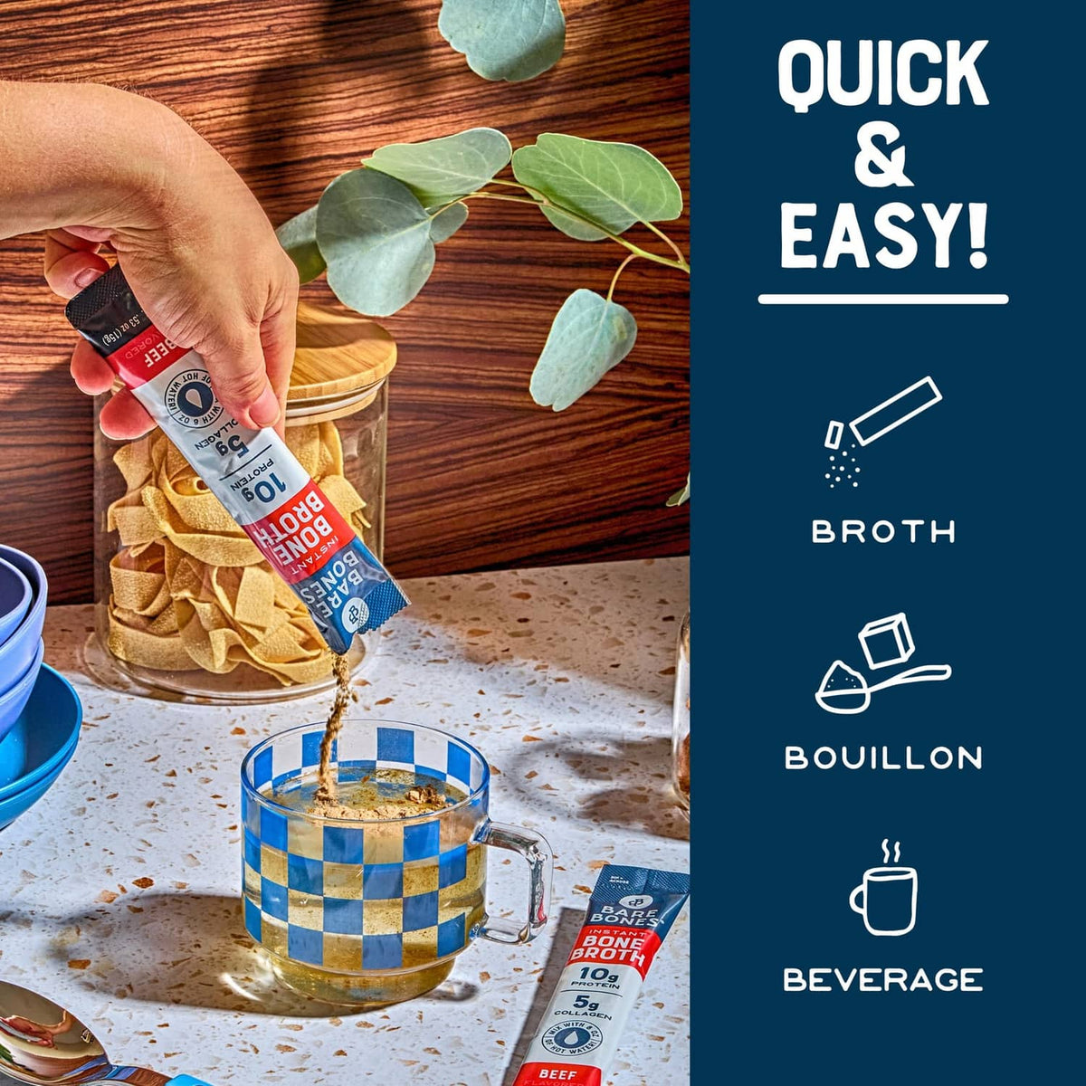 Instant bone broth packet pouring into a mug with bouillon cup