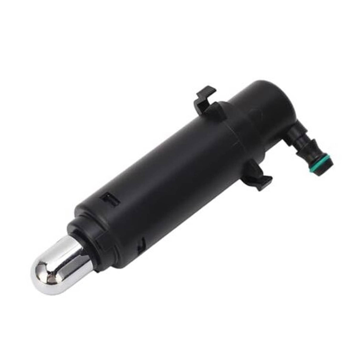 Headlight washer spray nozzle jet with black housing and chrome outlet, plus green hose connector