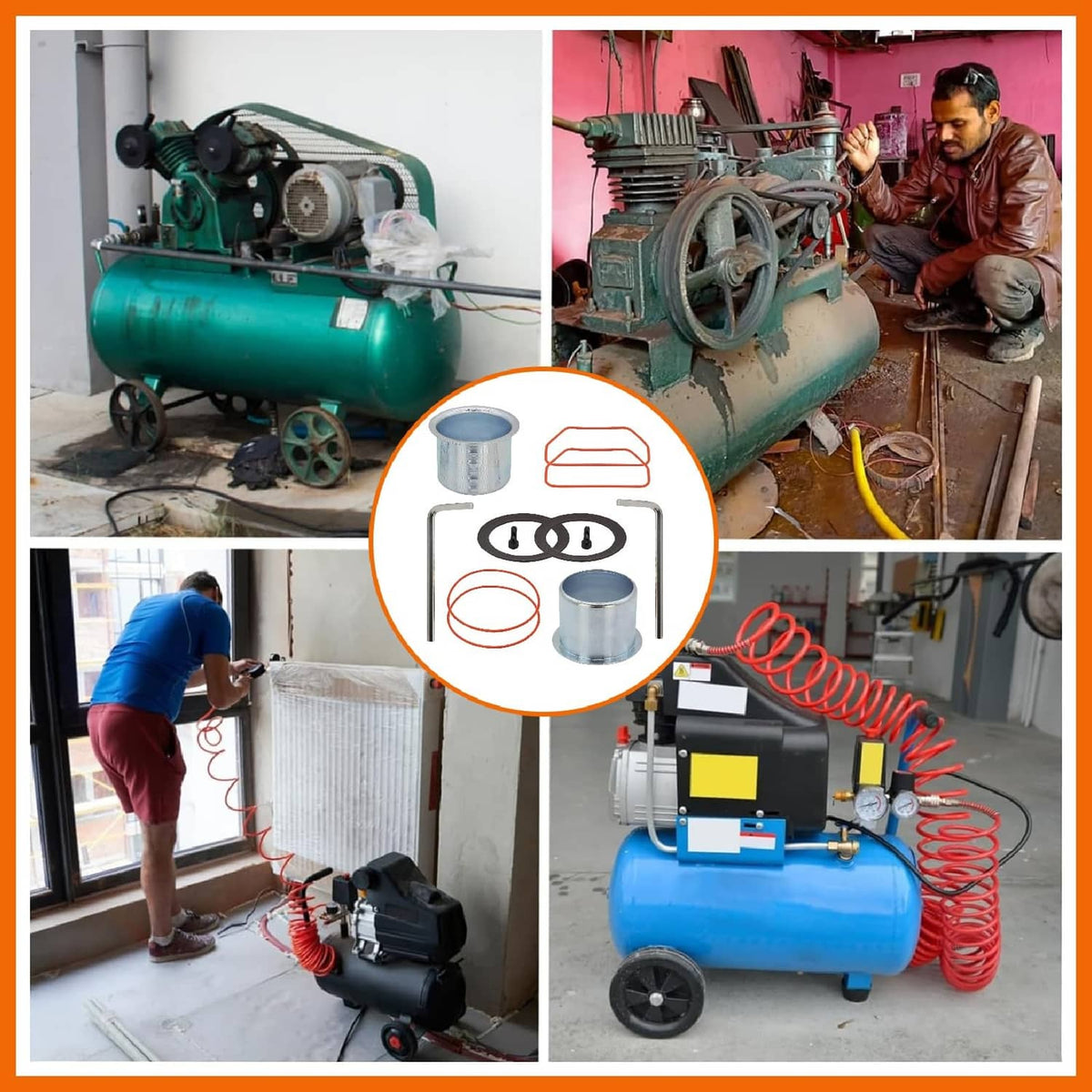 Air compressor cylinder sleeve and compression ring kit with metal sleeve and seal rings