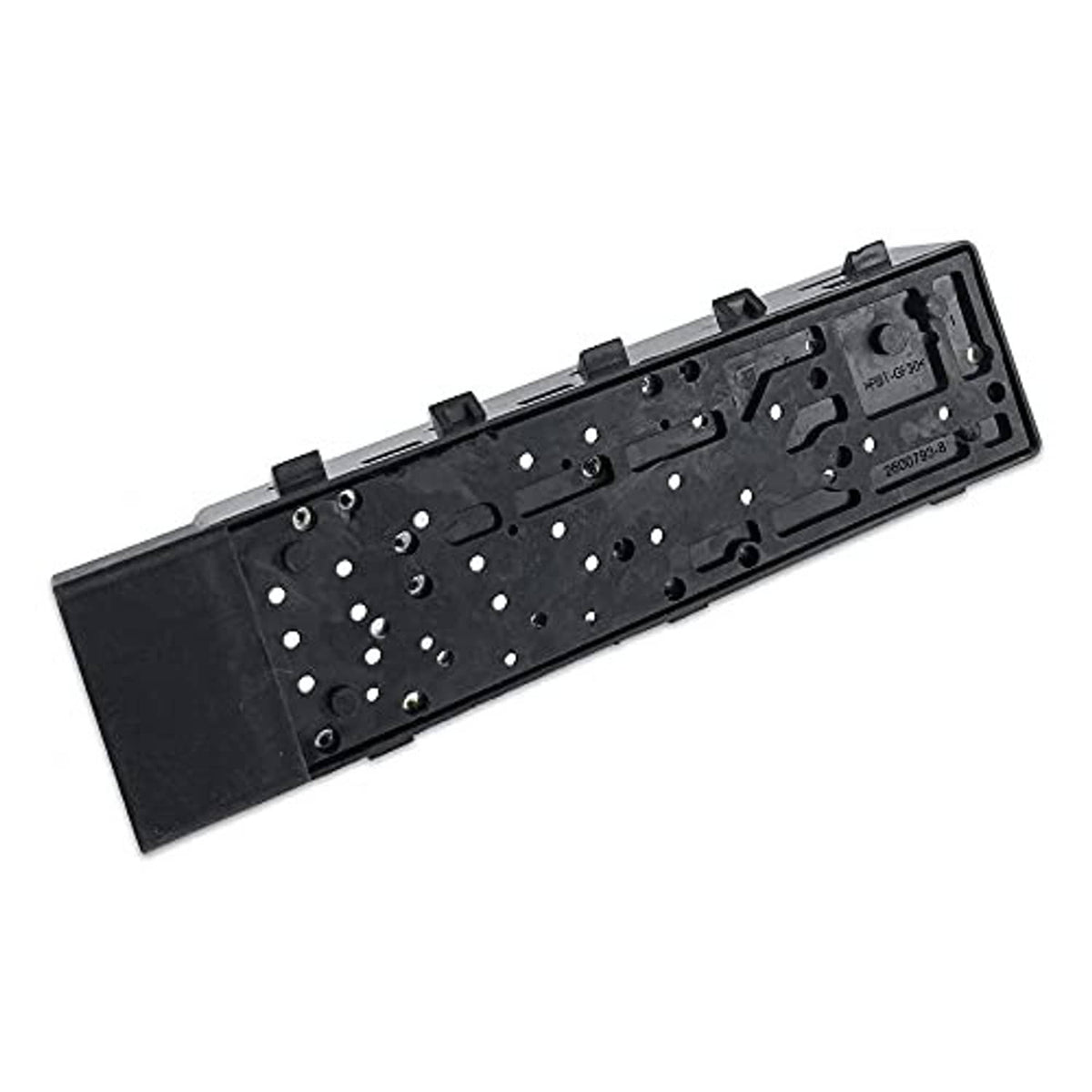 Black switch module base plate interior with pin holes and connector slots