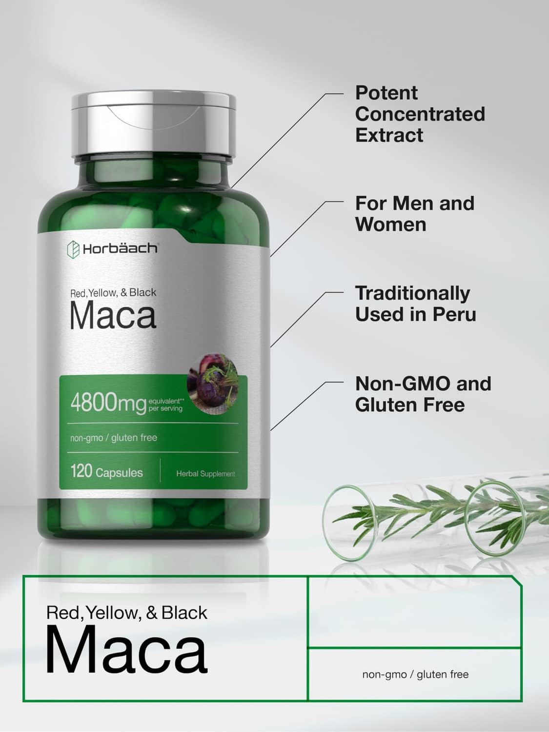 Horbäach maca capsules bottle, 120 count, green supplement jar