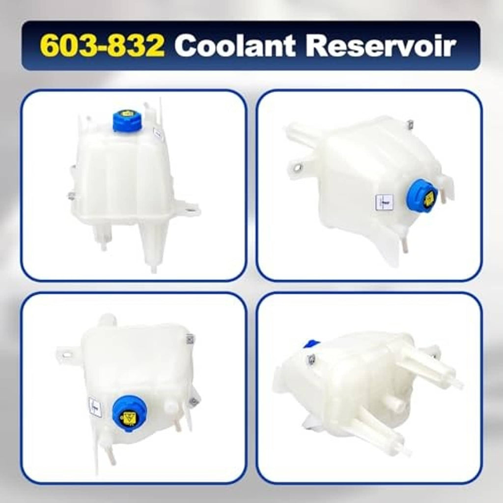Engine coolant reservoir set view, white tank with blue cap from multiple angles
