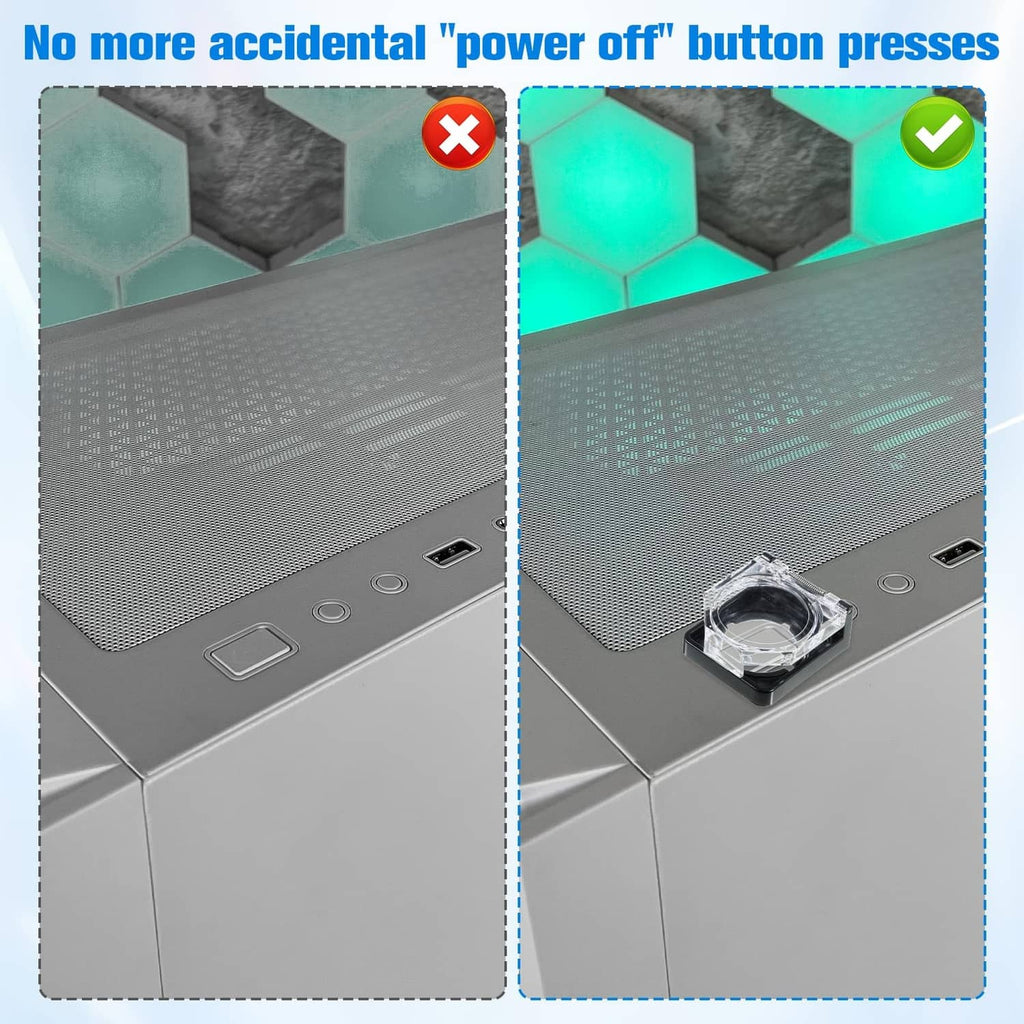 PC power button switch cover on device panel, clear square frame over button