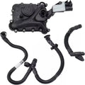 Black plastic oil separator PCV valve assembly with vent hoses and electrical connector