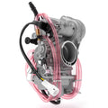 40mm carburetor with fuel filter, gray body with pink fuel lines and black hoses