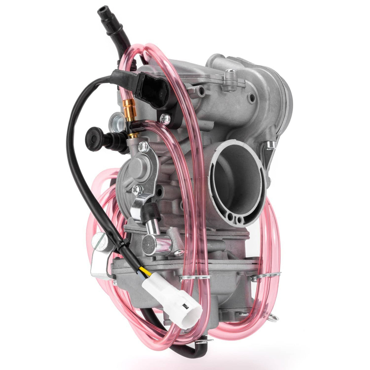 40mm carburetor with fuel filter, gray body with pink fuel lines and black hoses