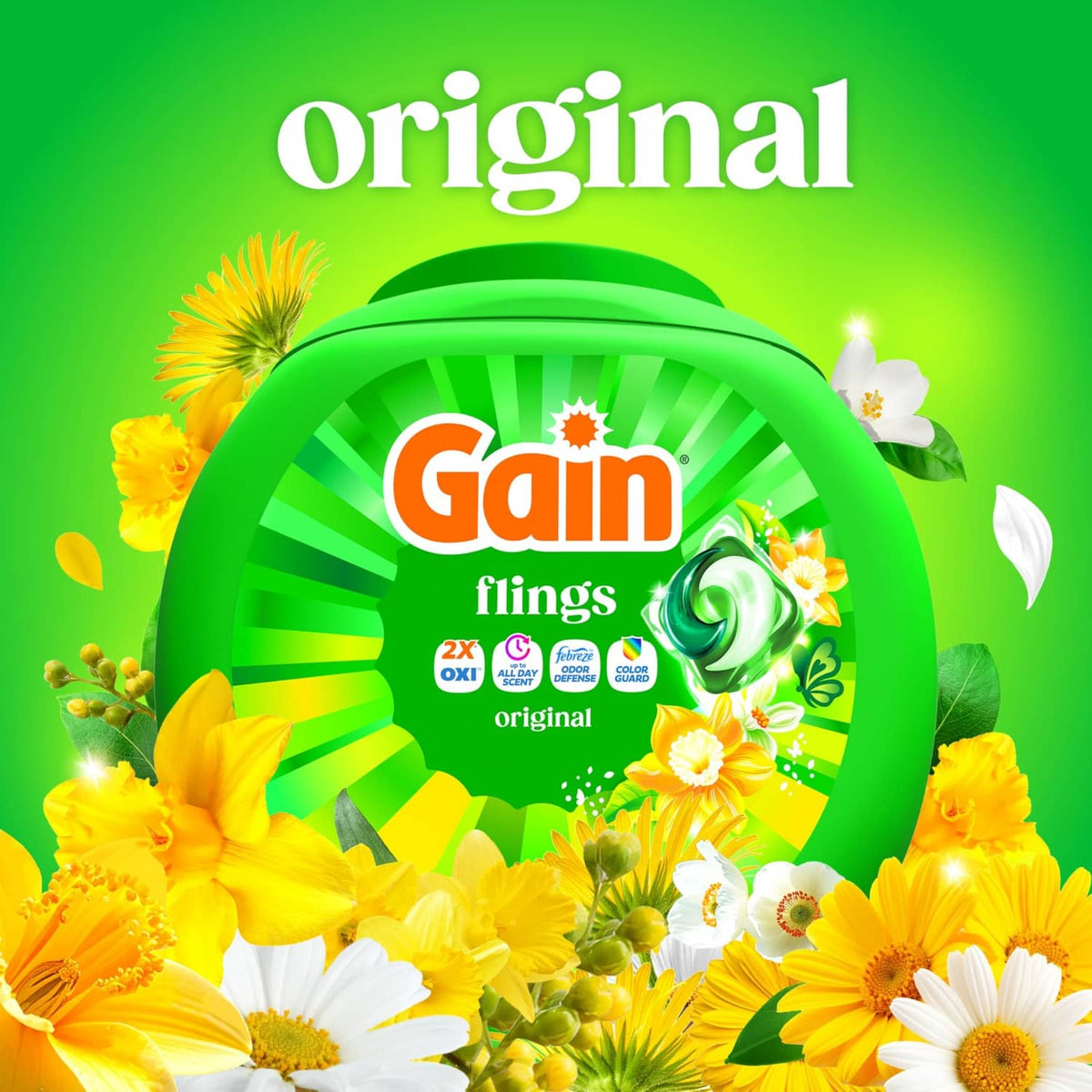 Green Gain flings detergent pod tub surrounded by yellow and white flowers