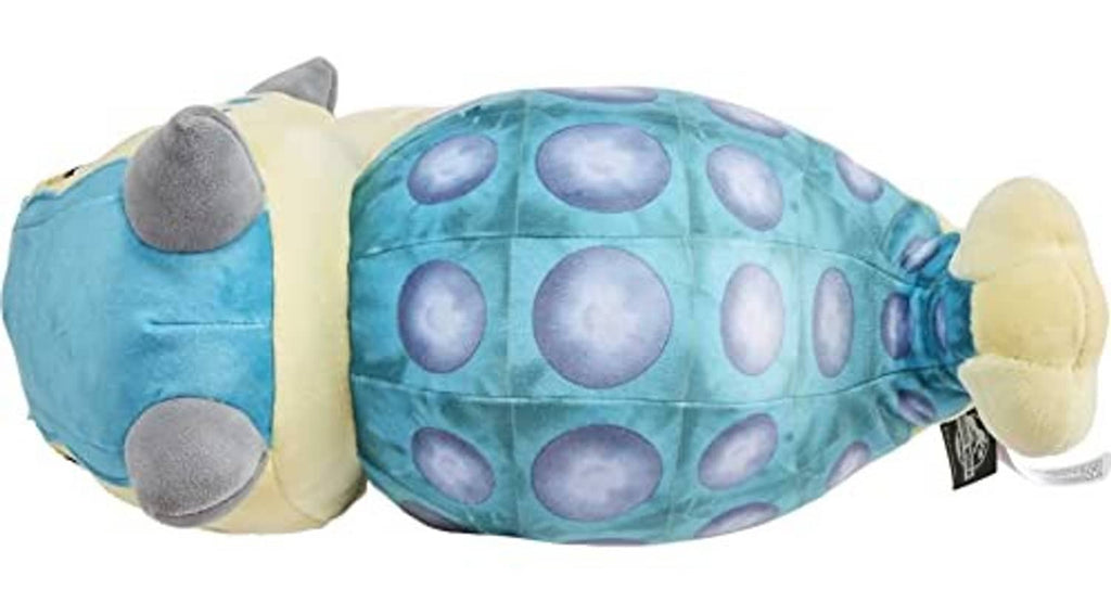 Blue and yellow plush baby dinosaur lying down, purple spot belly, gray ear pads