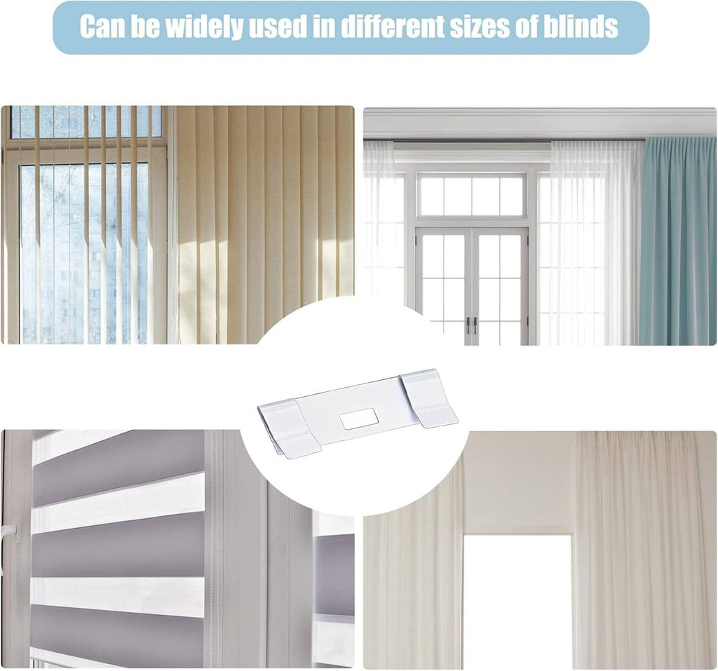 White metal repair tab clips shown mounted on vertical blinds in two styles