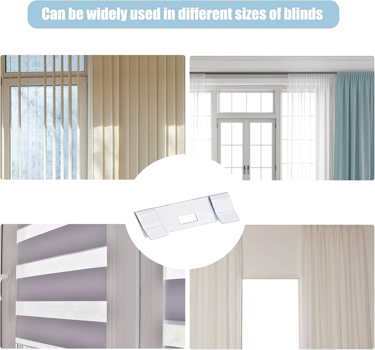 White metal repair tab clips shown mounted on vertical blinds in two styles