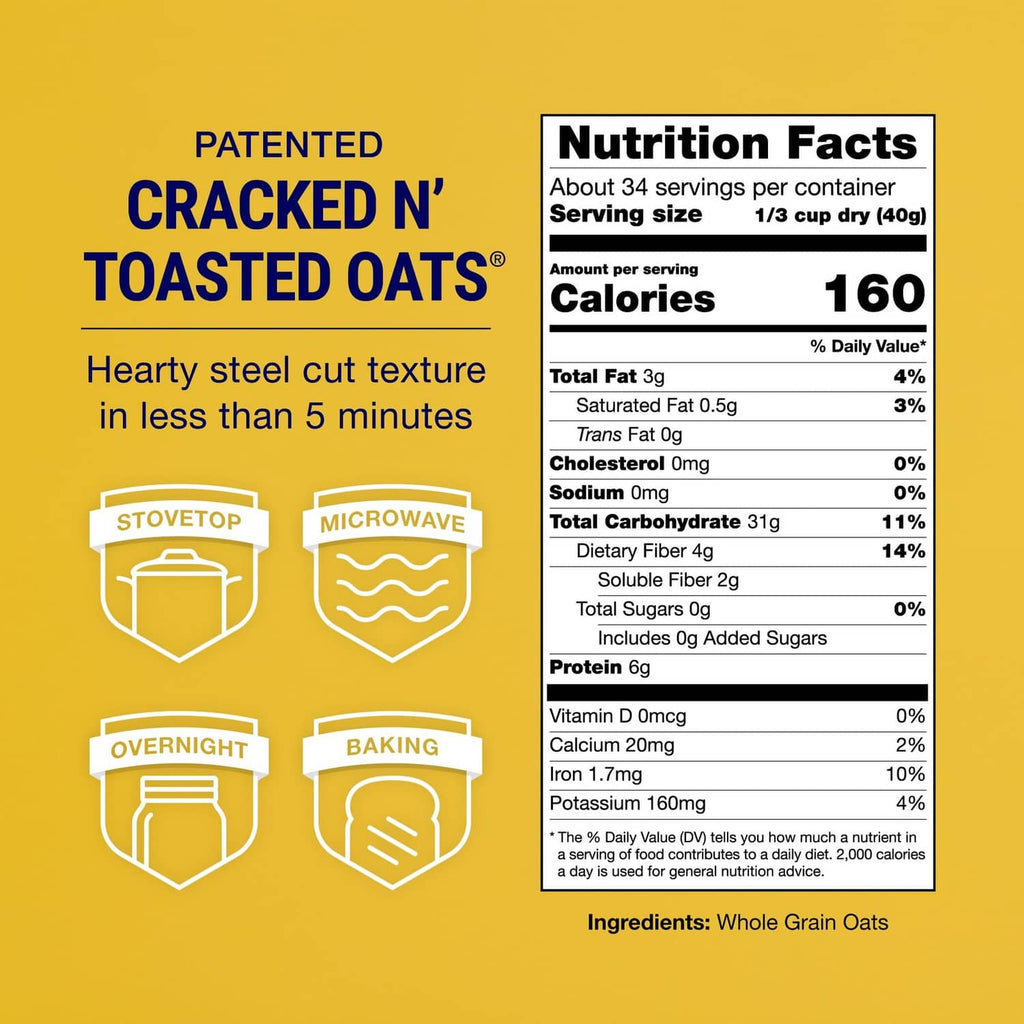 Coach's Oats Oatmeal nutrition facts panel on pouch, cracked n' toasted oats
