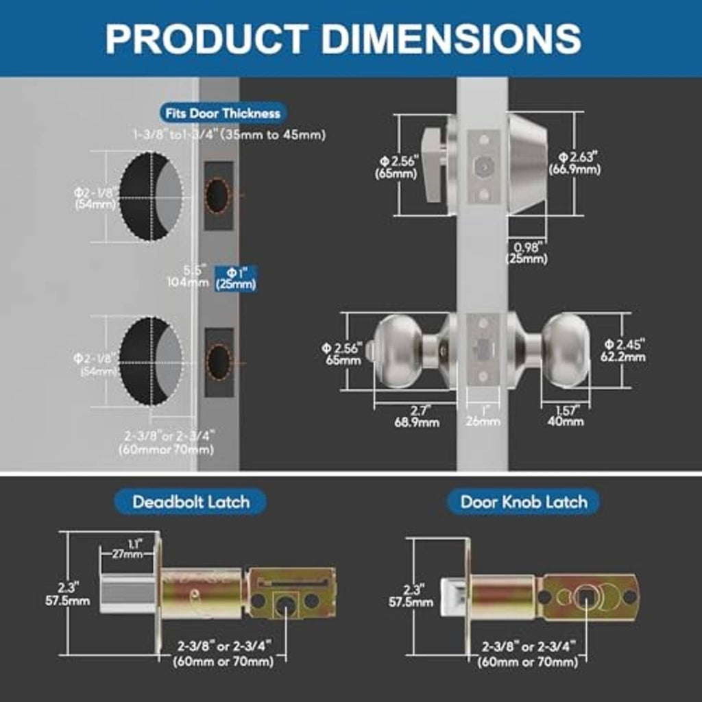 Satin nickel door knob and deadbolt dimensions with latch measurements