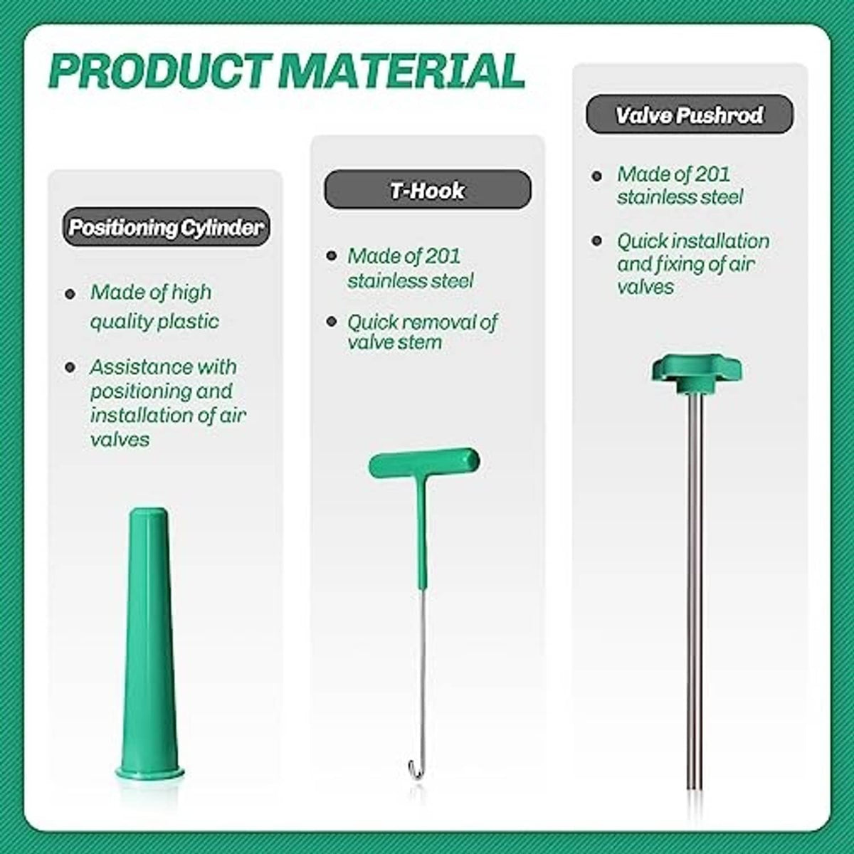 Product materials diagram for tire valve stem replacement tool set with green push tool