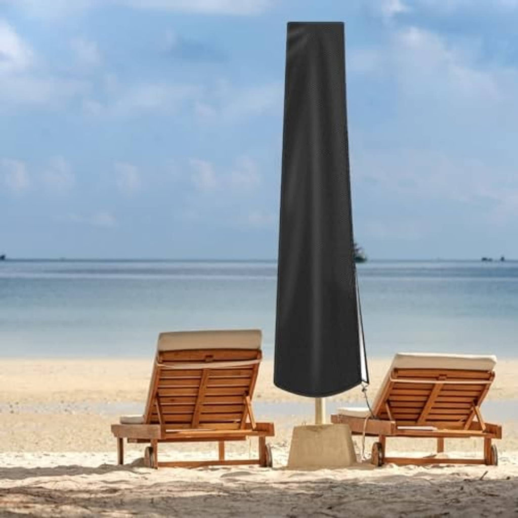 Black outdoor patio umbrella cover on closed umbrella frame, tall tapered form