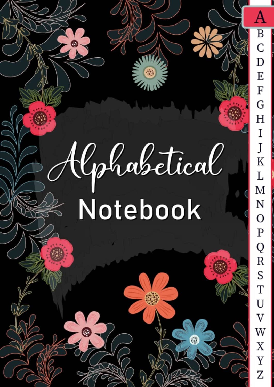 Black alphabetical notebook with floral cover, A–Z letter guide, 105 pages