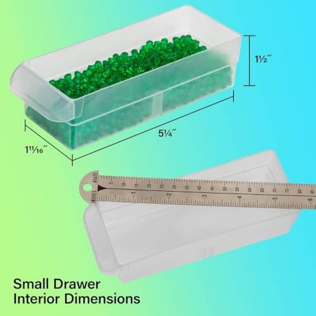 Small clear plastic drawer insert with green beads and ruler