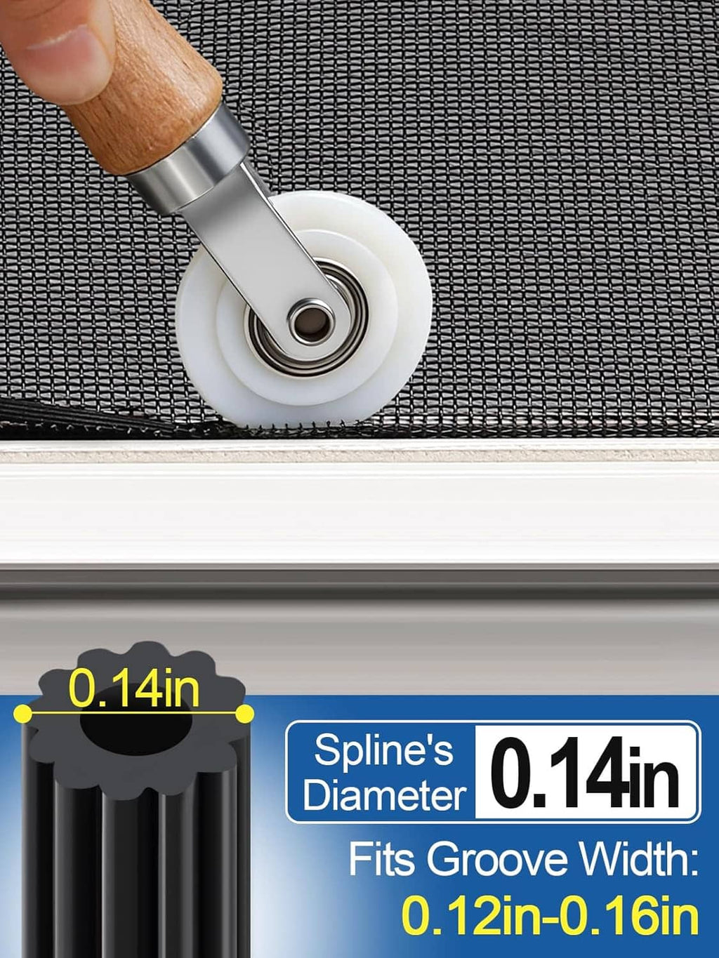 Screen spline roller tool with wooden handle and metal wheel on screen mesh