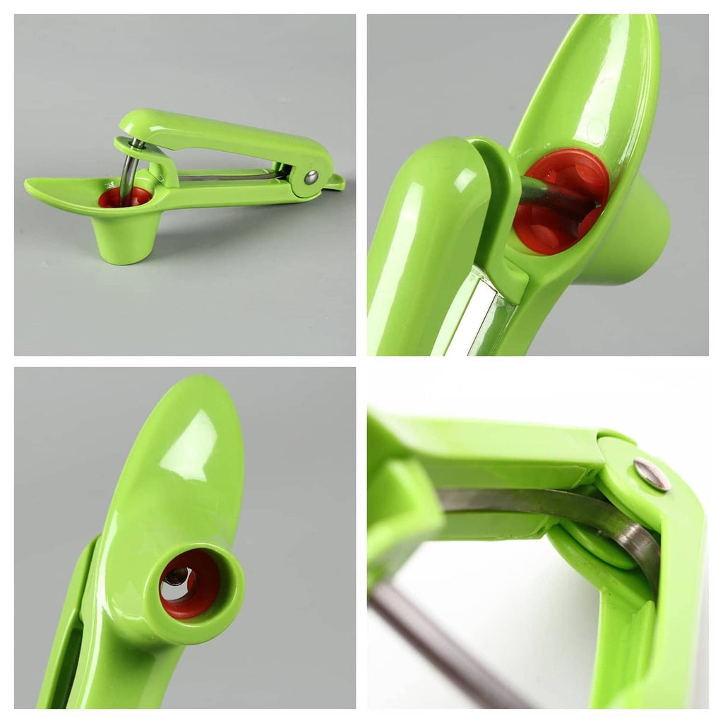 Green cherry pitter tool close-up set: prongs, cup, and release end