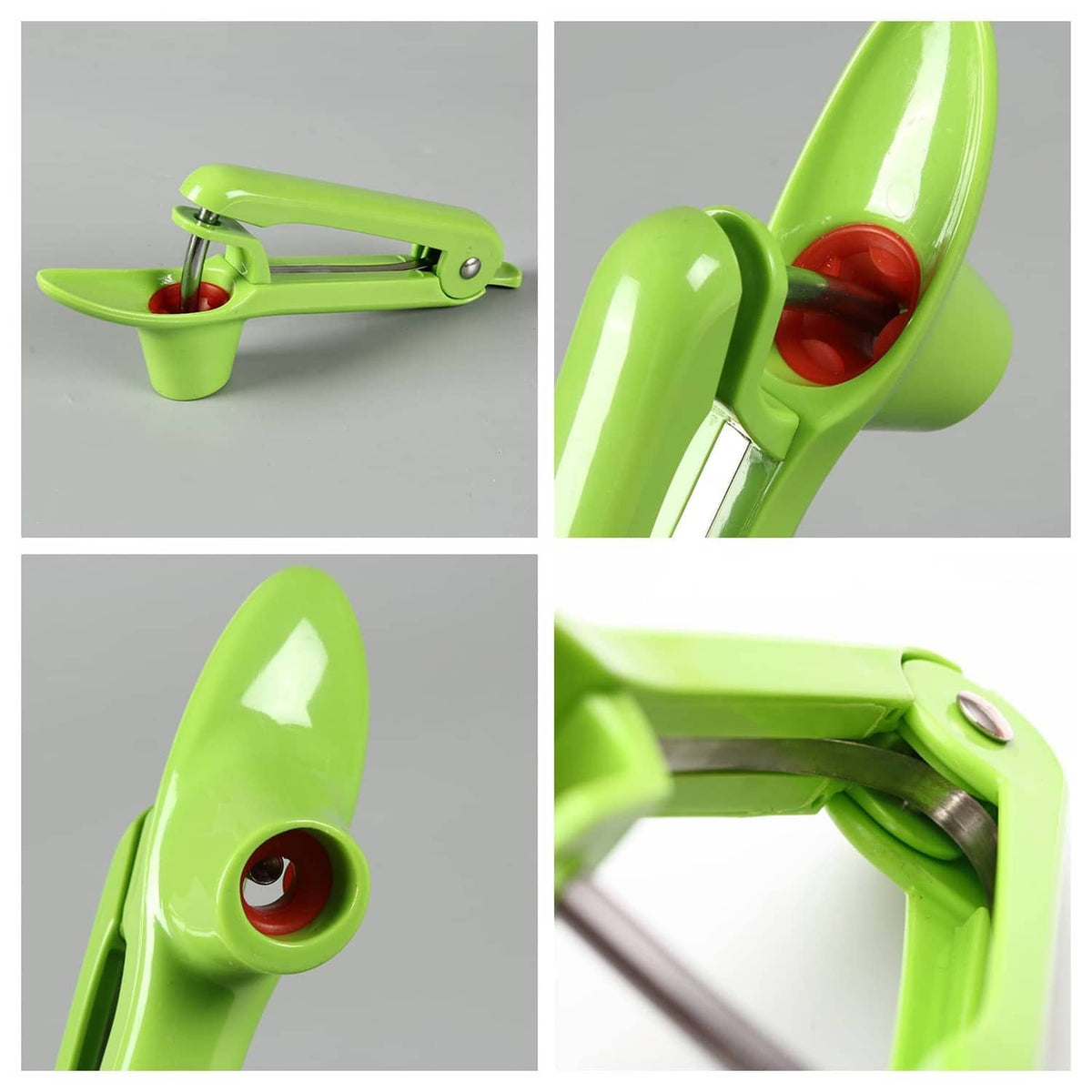Green cherry pitter tool close-up set: prongs, cup, and release end