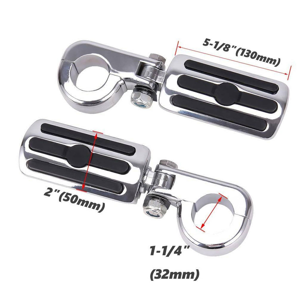 Chrome crash bar footpegs with black rubber tread pads and oval mounting rings