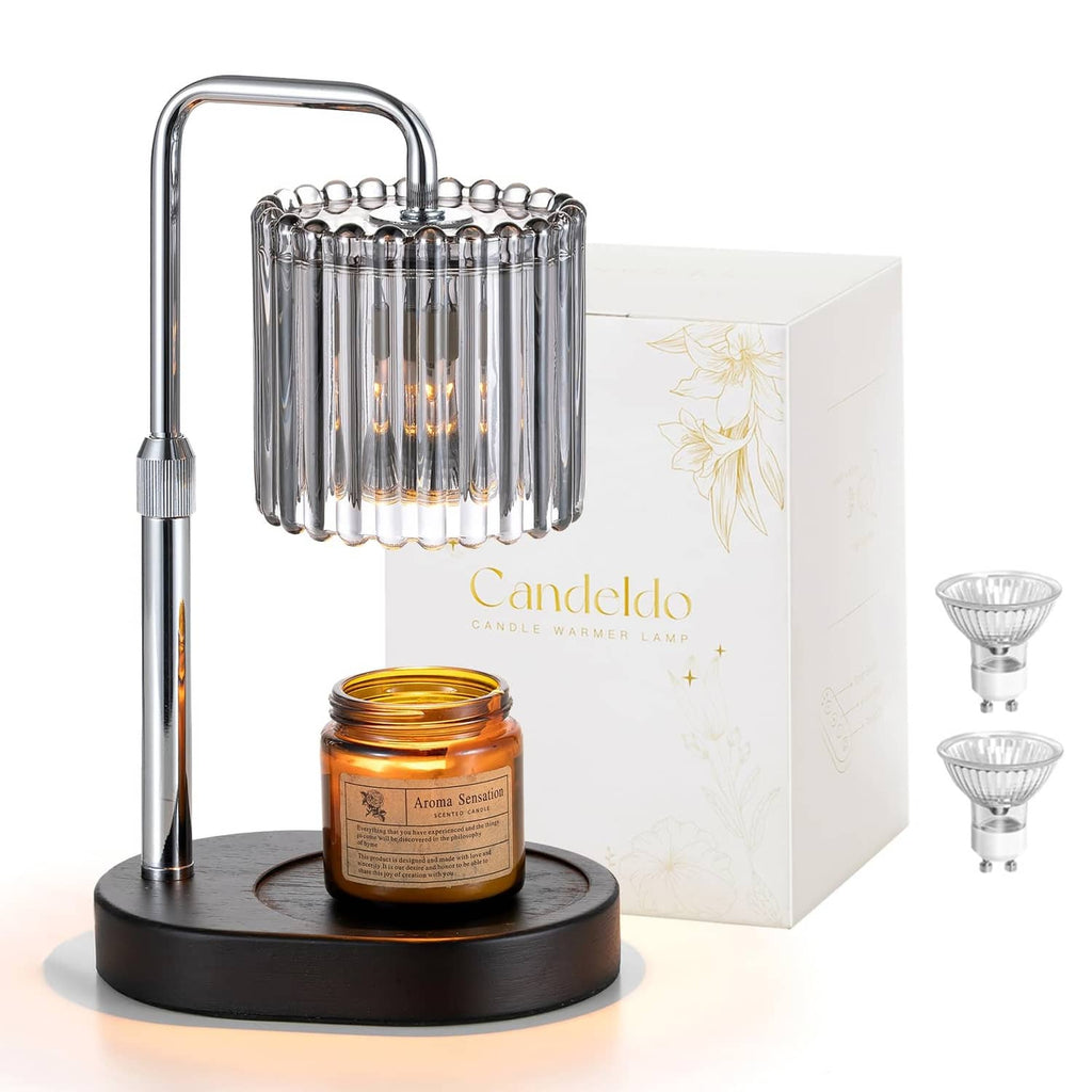 Silver candle wax melt warmer lamp with clear glass drum and black round base