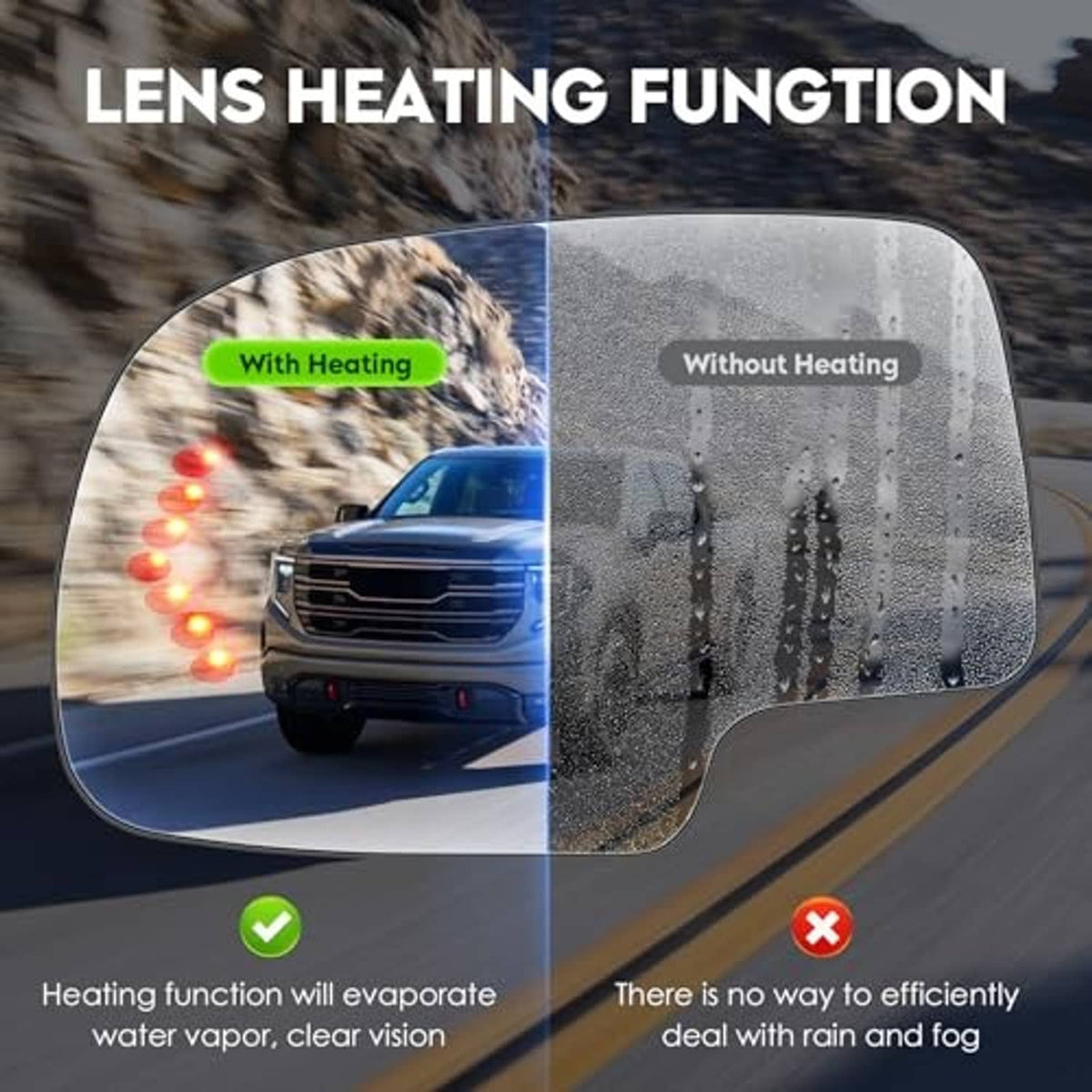 Heated left mirror lens showing rain-fog resistance, LED arrow turn signal