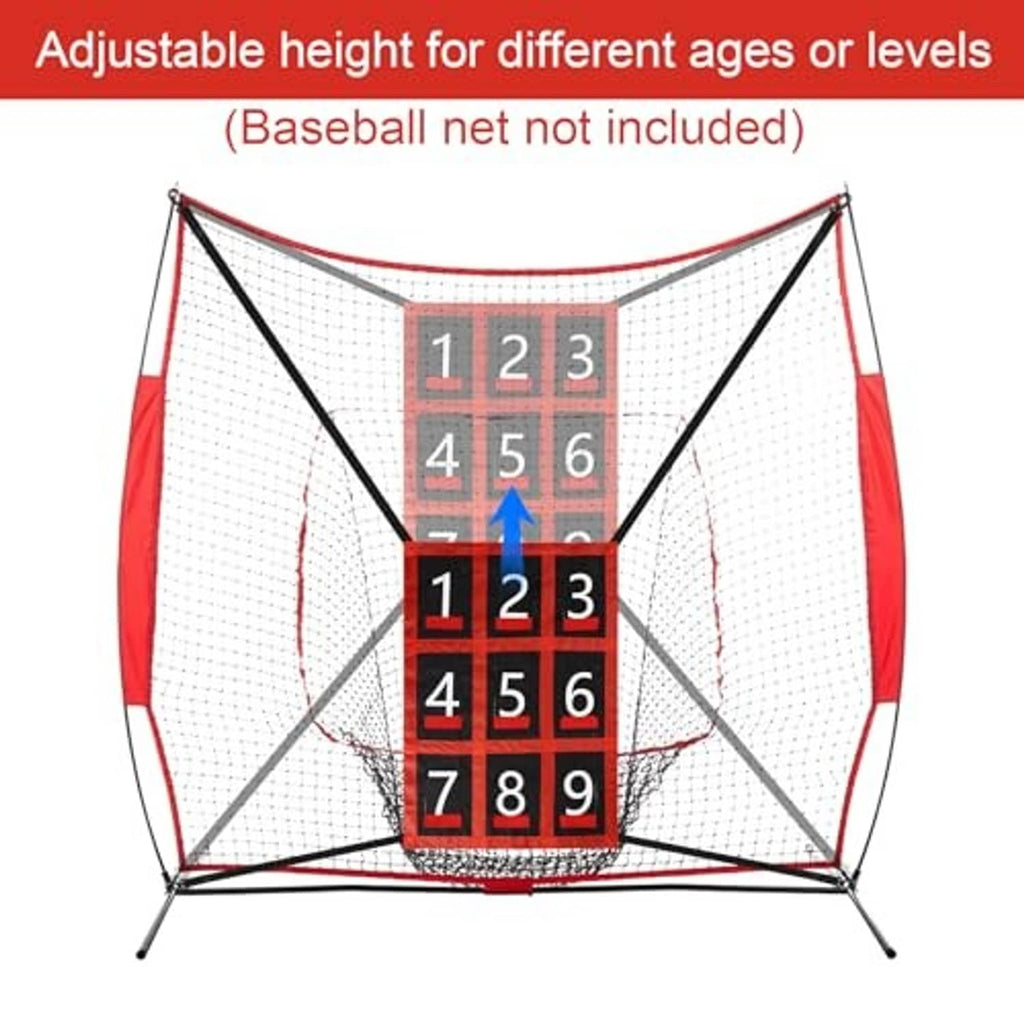 Red and black baseball strike zone target net with side netting and 1–9 grid