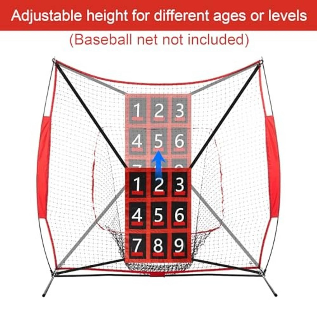Red and black baseball strike zone target net with side netting and 1–9 grid