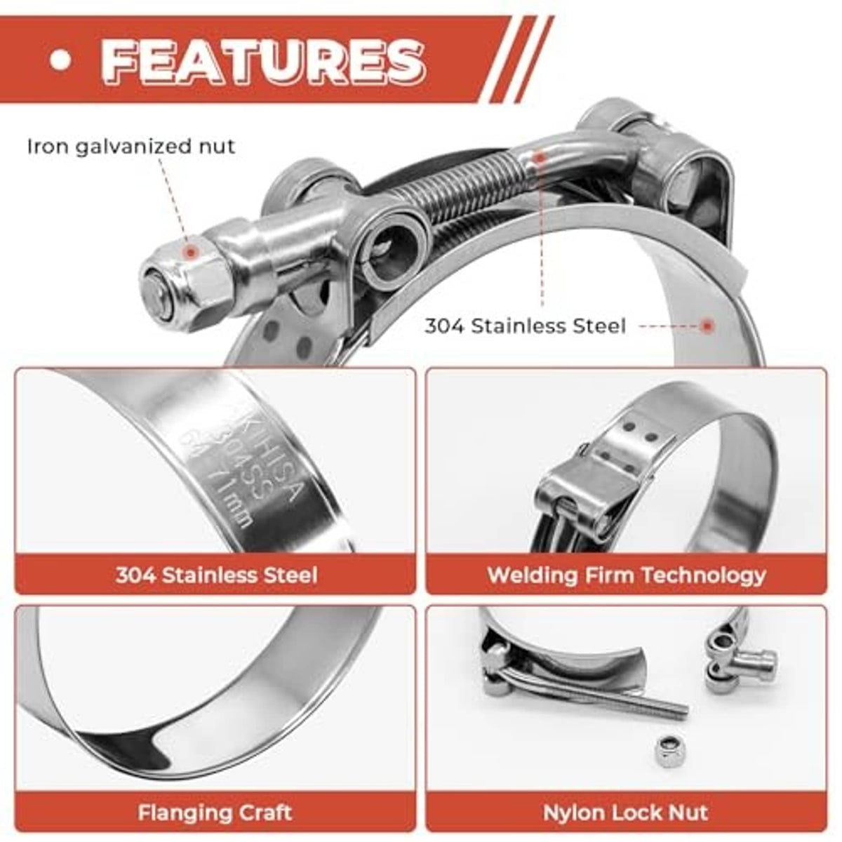 Stainless T-bolt hose clamp close-up with threaded bolt, nut, and metal band