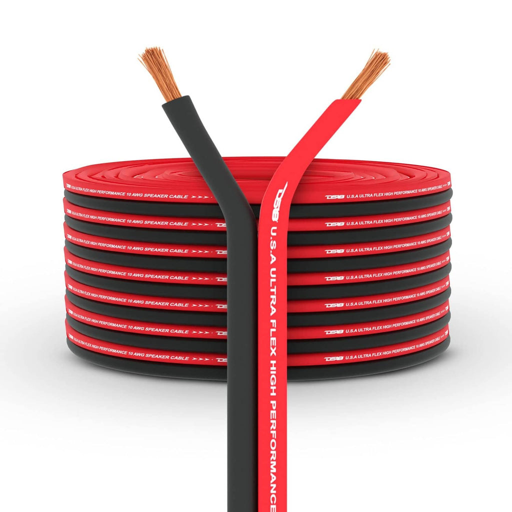 Red and black speaker wire coil with exposed copper strands on both ends