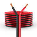 Red and black speaker wire coil with exposed copper strands on both ends