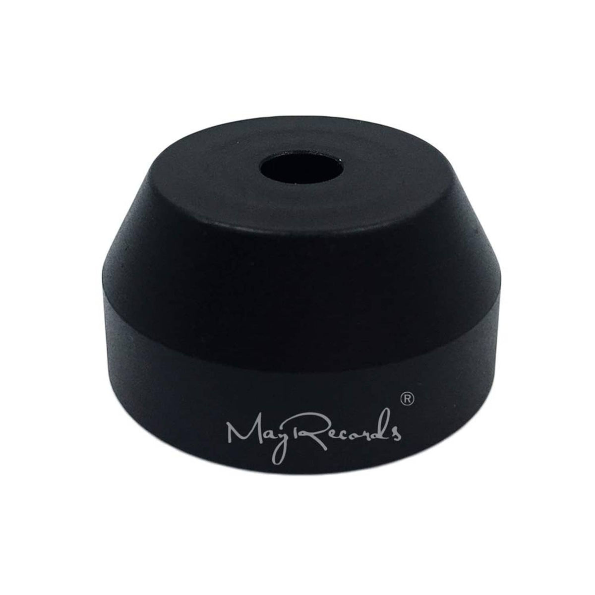 Black 45 RPM center adapter with top hole, MagRecords logo on base