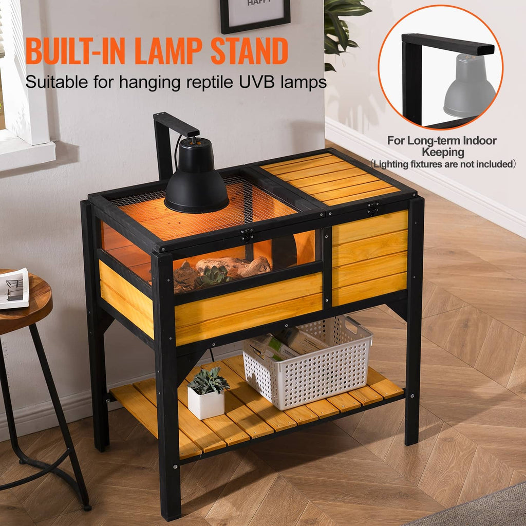 Wooden reptile habitat with mesh top and built-in lamp stand for UVB lighting placement
