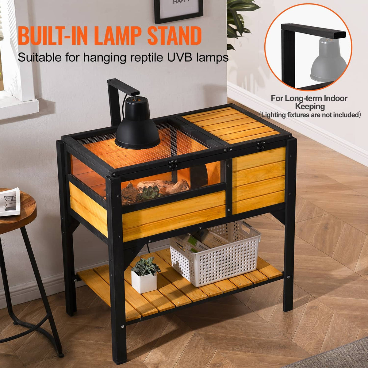 Wooden reptile habitat with mesh top and built-in lamp stand for UVB lighting placement