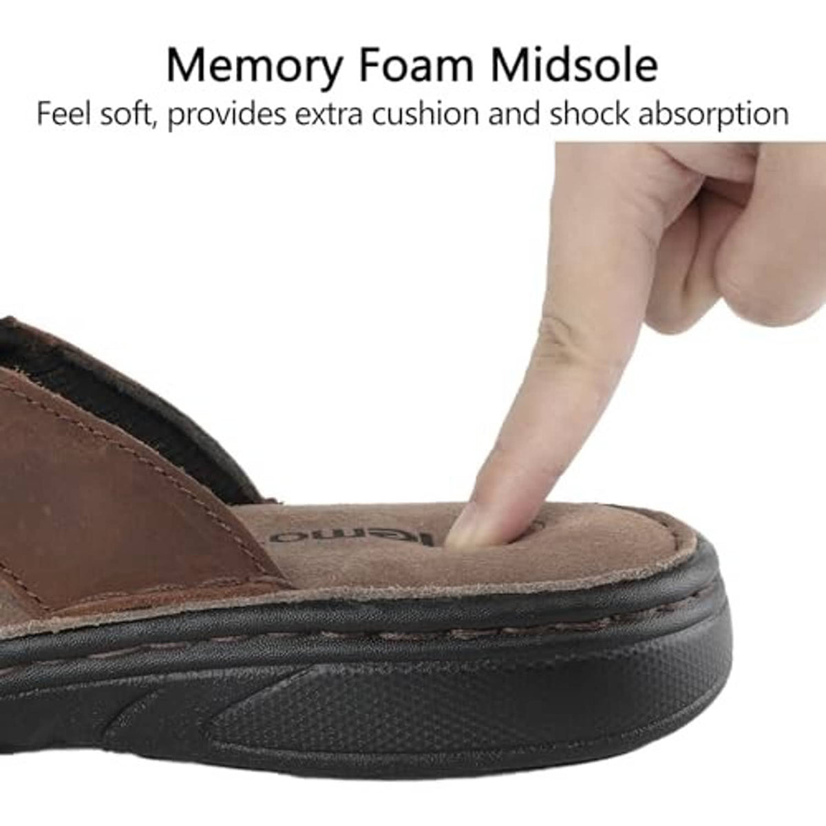 Dark brown leather slide sandal showing thick cushioned footbed edge