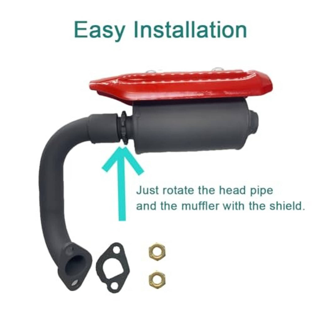 Go-kart exhaust muffler kit with black curved pipe, muffler, heat shield, gasket, and nuts